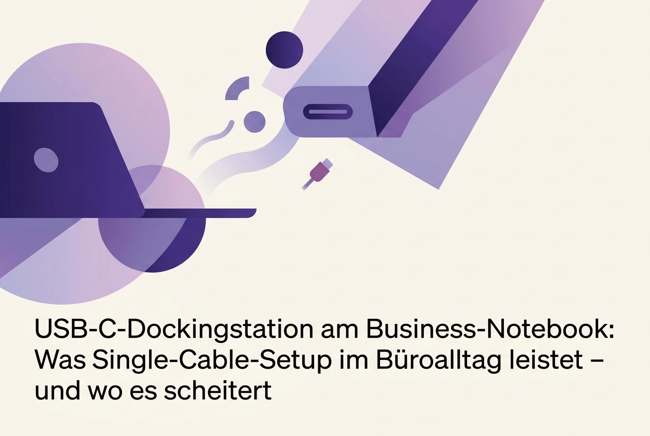 Professional header image for educational tutorial: USB-C-Dockingstation am Business-Notebook: Was Single-Cab...