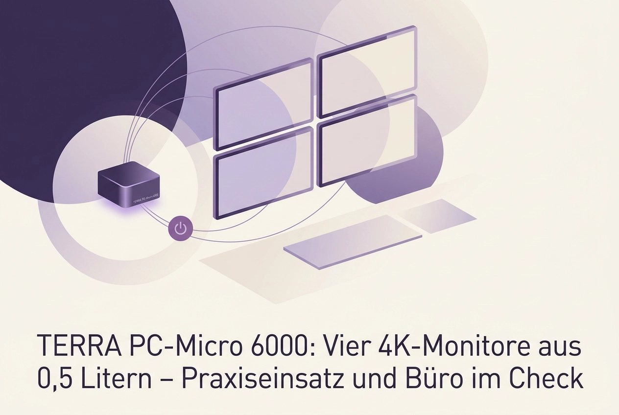 Professional header image for industry analysis: TERRA PC-Micro 6000: Vier 4K-Monitore aus 0,5 Litern – Pr...